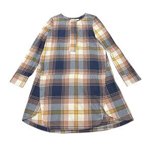 See by Chloé Plaid Long Sleeve Shift Dress Navy White Cotton